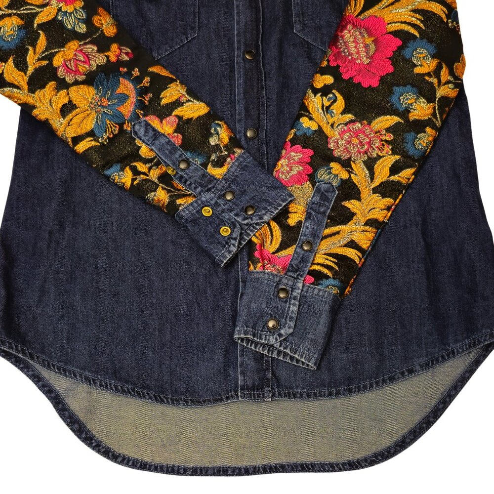 Vintage Denim Shirt Boho Jacket Embroidered Floral Ipekyol Size 6 Hi Low - Picture 5 of 11